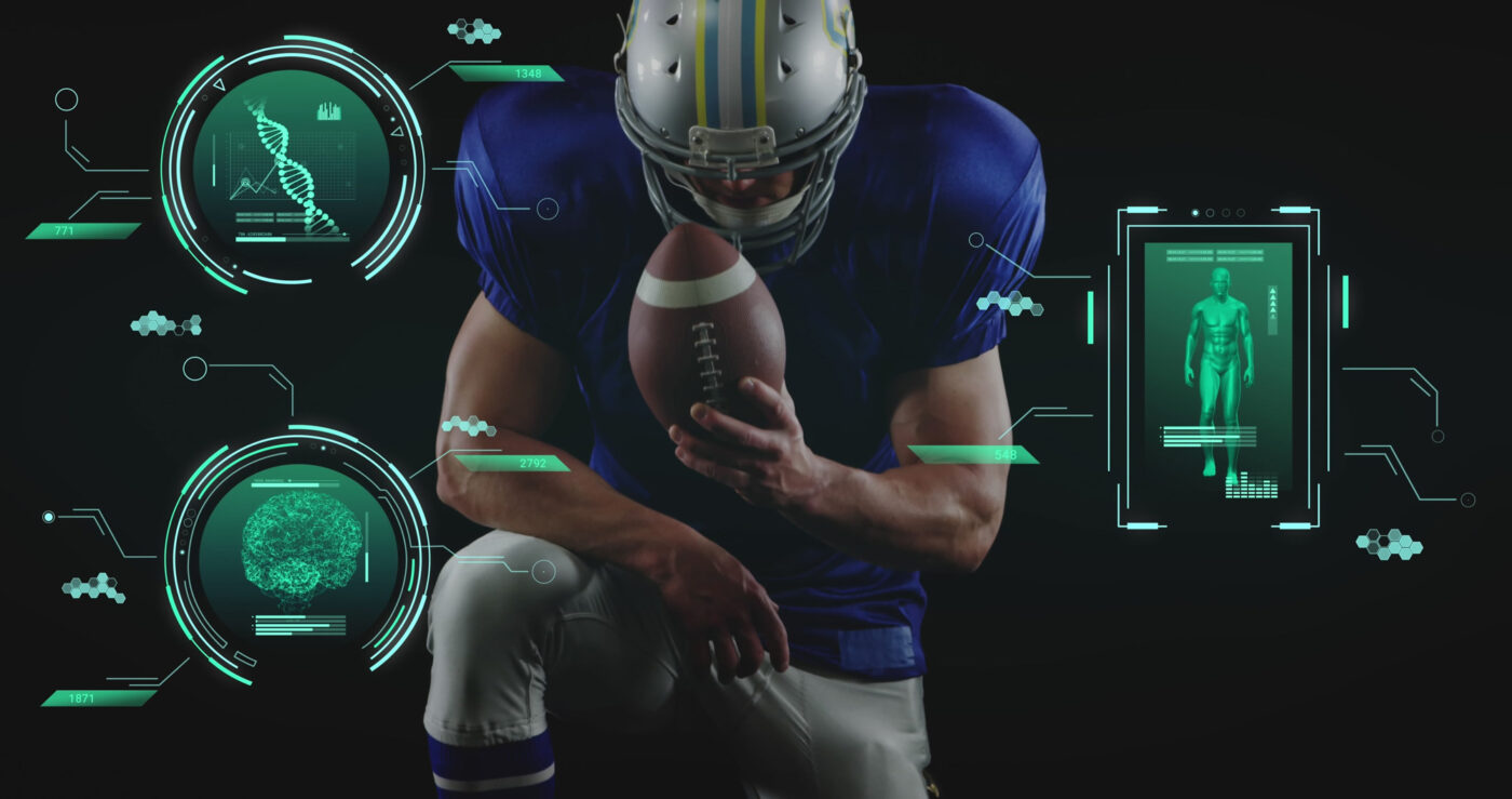 Image of data processing over caucasian male american football player. Global sports, digital interface, computing and data processing concept digitally generated image.